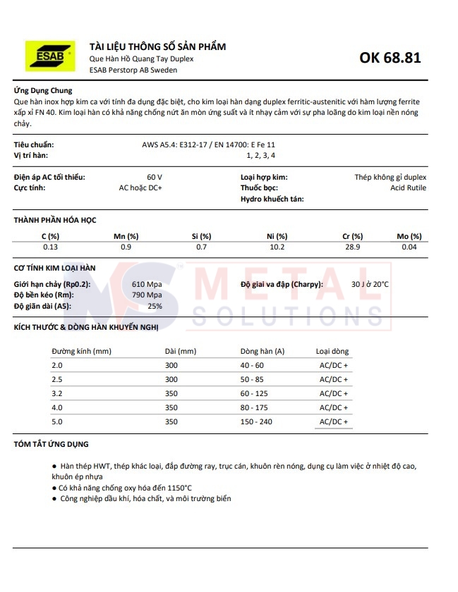 tài liệu thông số sản phẩm que hàn ESAB OK 68.81