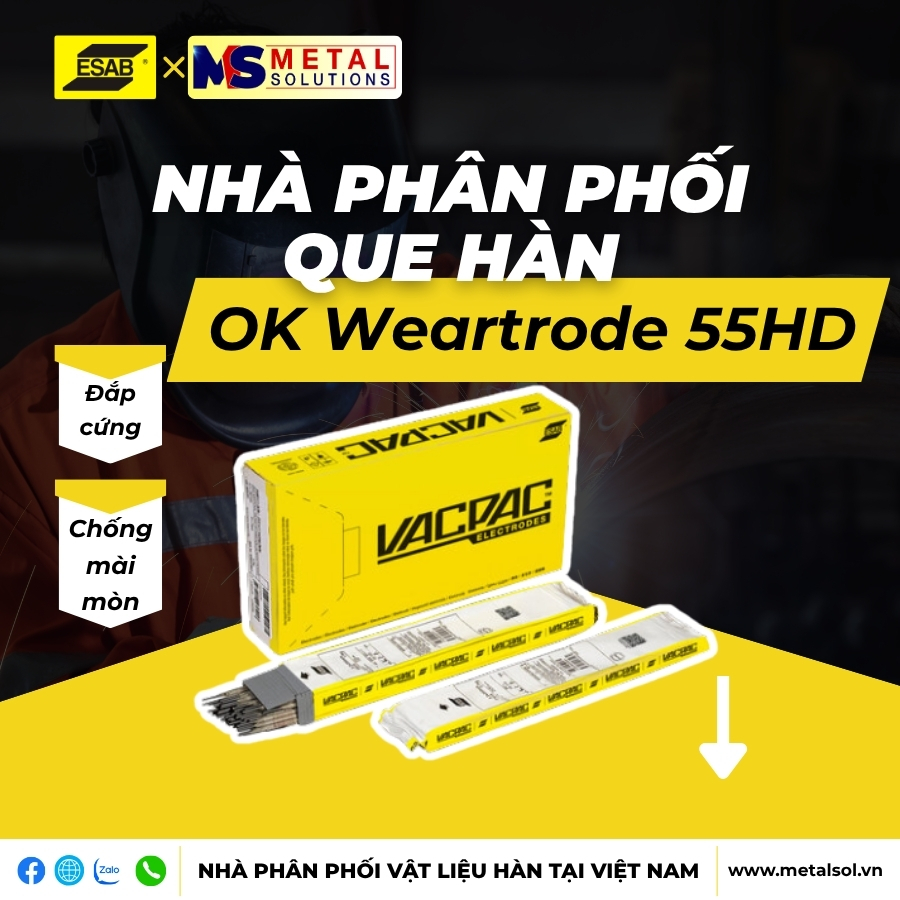 Que hàn hợp kim cao ESAB OK Weartrode 55HD – Giải pháp hàn đắp cứng chống mài mòn cho thiết bị công nghiệp nặng 1 que-han-hop-kim-cao-esab-ok-weartrode-55hd